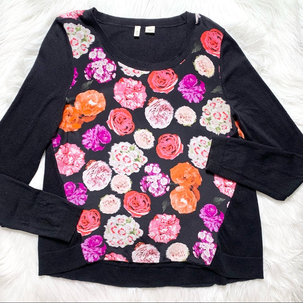 SOLD-Anthropologie Silk Floral Print Raglan Long Sleeve Pullover Sweater Top - Picture 8 of 10